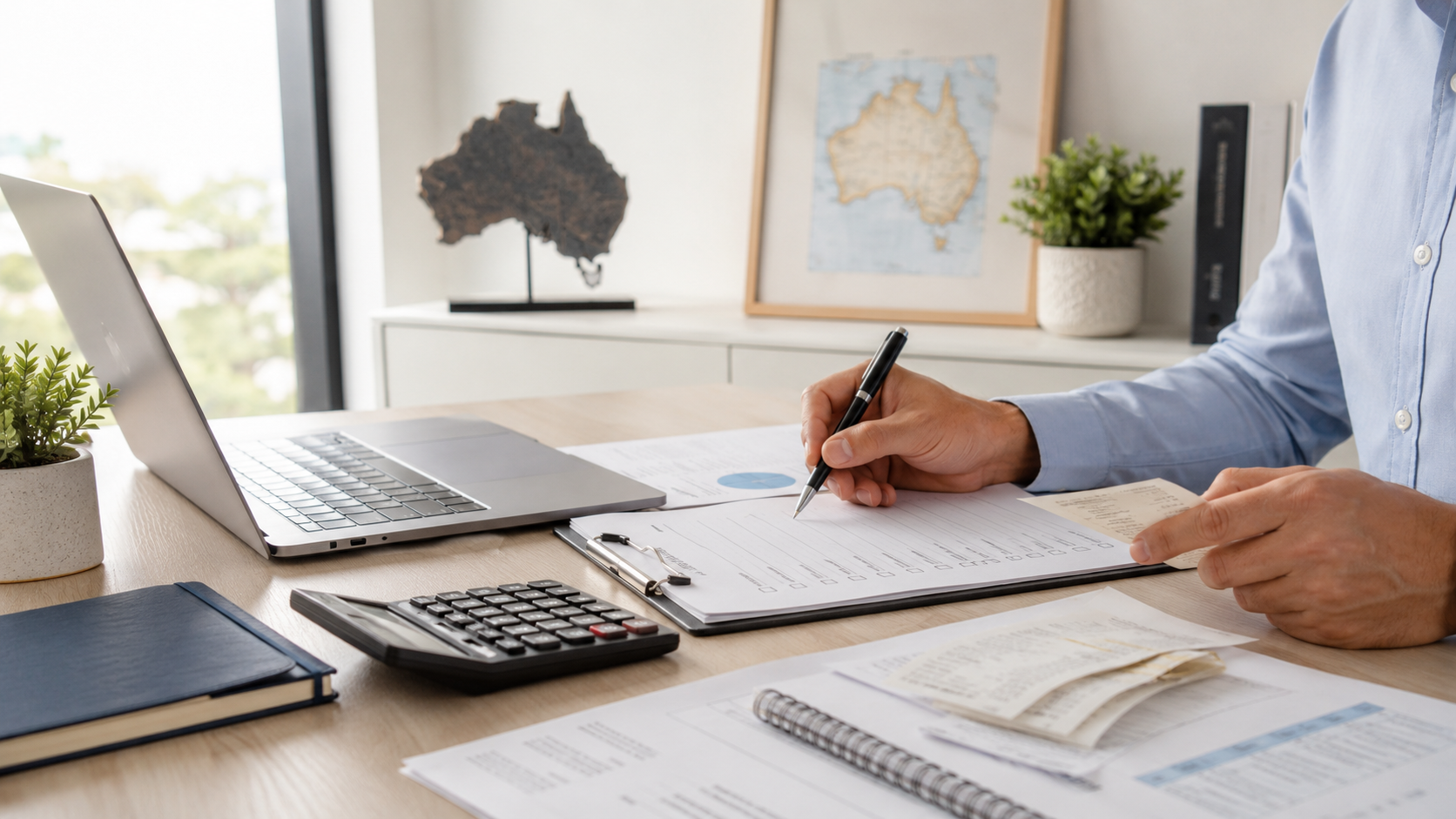 Tax return checklist Australia with laptop, calculator, receipts and financial documents for preparing an Australian tax return