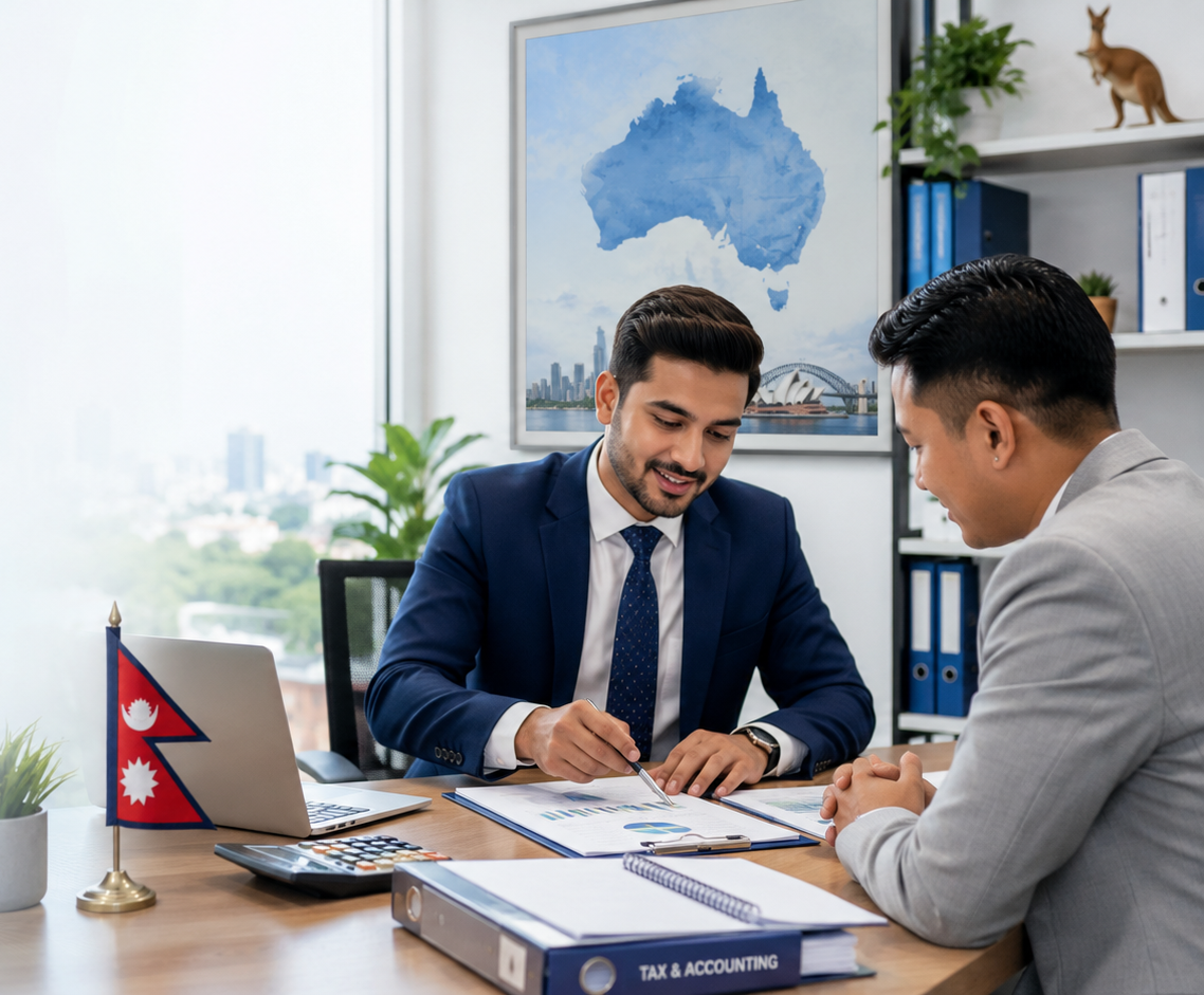 Best tax agent and Nepali accountant in Australia consultation with Nepal flag, Australian map, laptop, calculator and tax documents