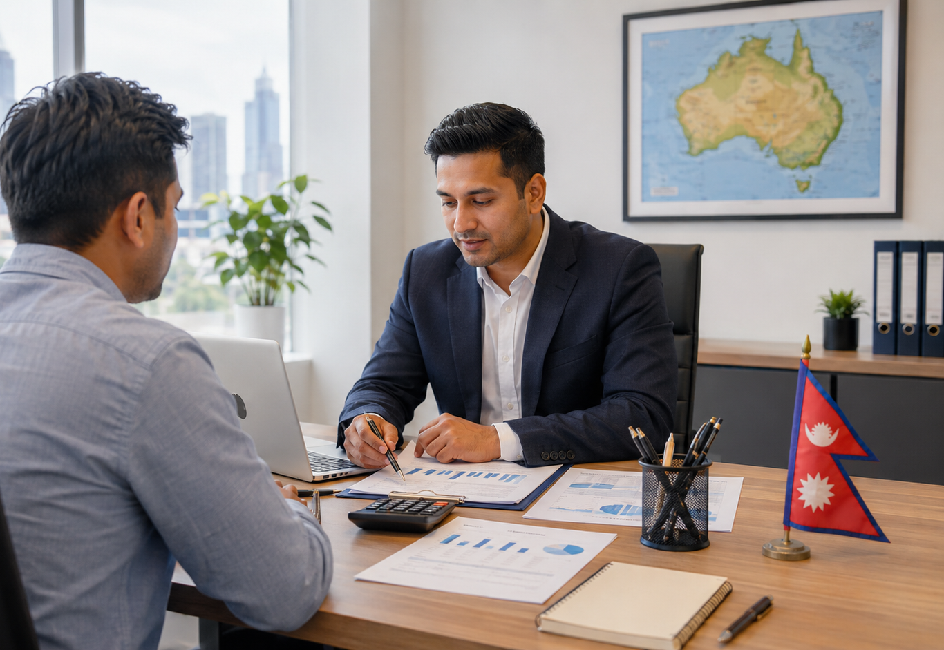 Nepali tax agent in Sydney helping a client with Australian tax return documents