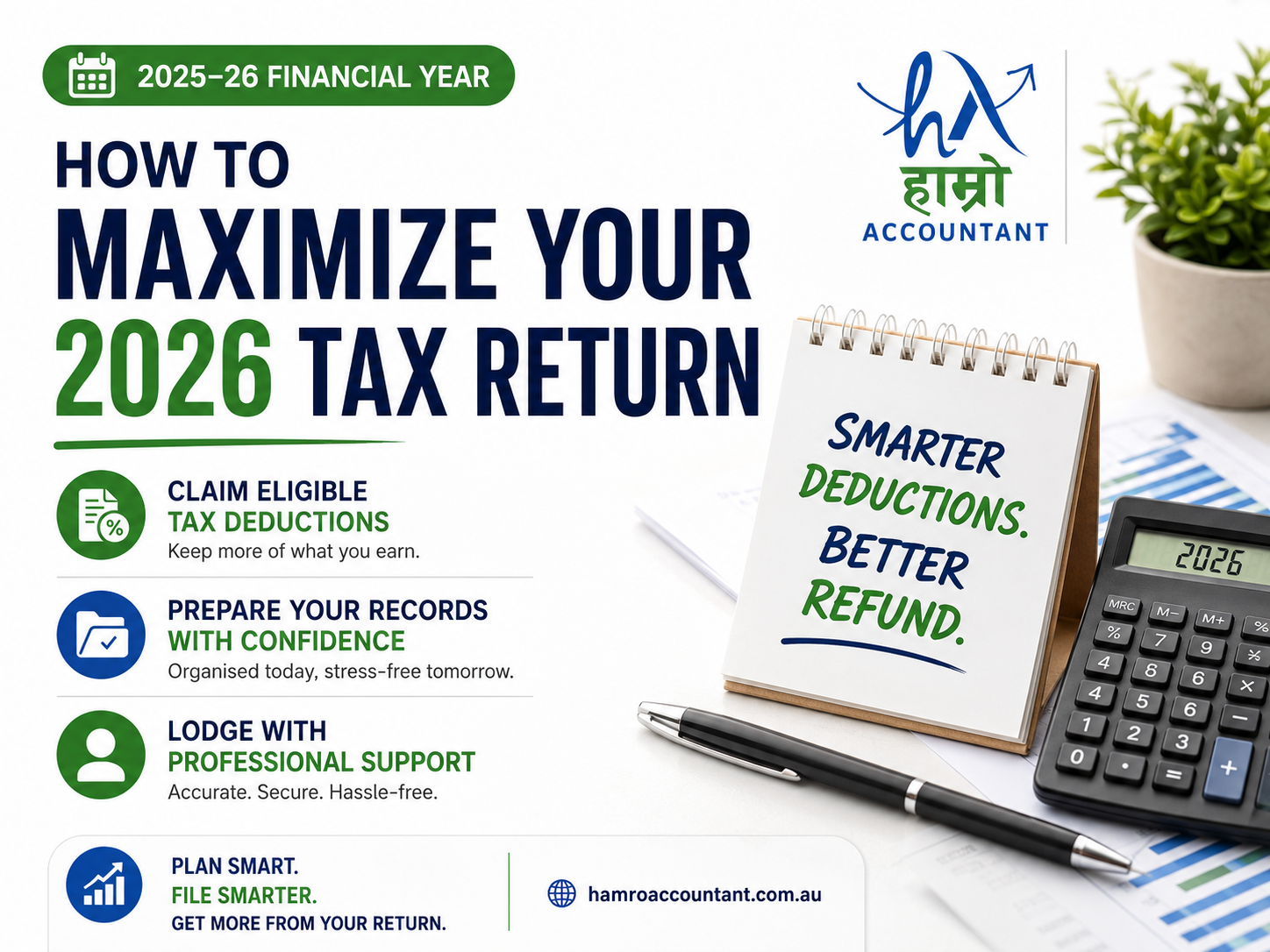 How to maximise your 2026 tax return in Australia with Hamro Accountant, tax deductions, calculator, records and professional tax support